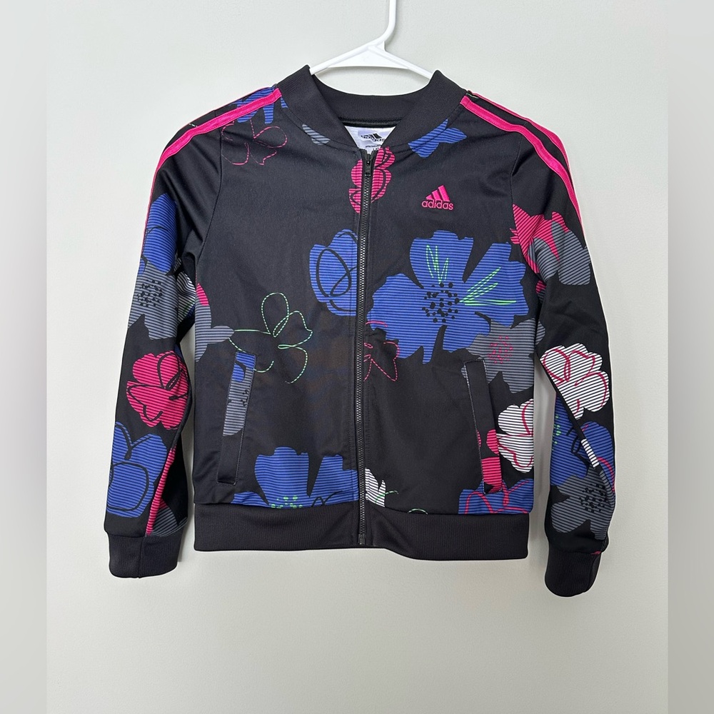 Adidas Kids Black Floral Jacket with Pink and Blue Accents